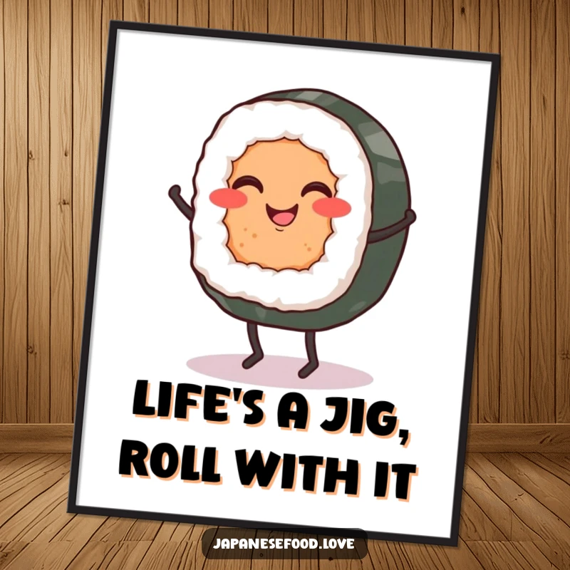 Funny Free Printable Wall Art: A smiling sushi roll with tiny legs dancing a lively jig, perfect for a kitchen or dining area, downloadable.