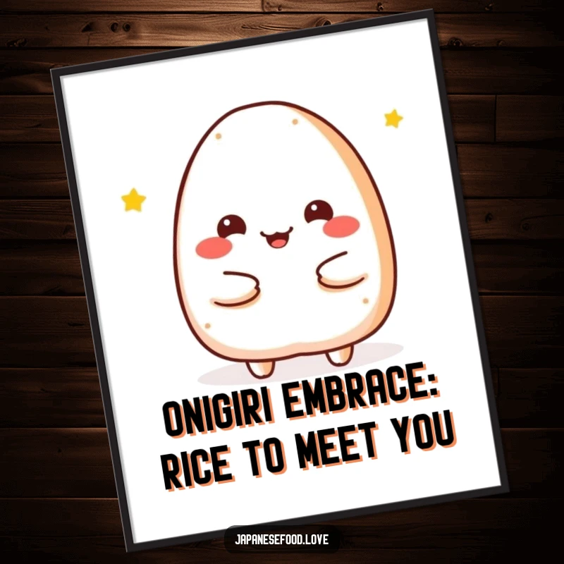 Funny Free Printable Wall Art of a cheerful onigiri character giving a big, warm, and welcoming embrace.