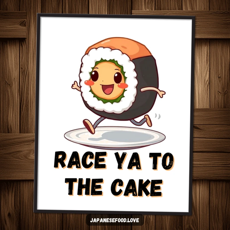 Funny Free Printable Wall Art: Cheerful Sushi Roll with Tiny Legs Sprinting, A Fast and Fun Addition.