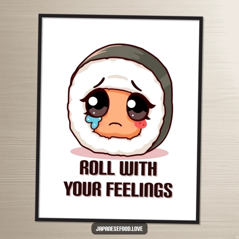 Funny Free Printable Wall Art: A sad but cute sushi roll wipes a single tear from its giant eye, artfully.