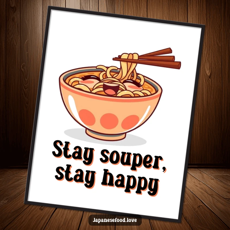 Funny Free Printable Wall Art: A goofy ramen bowl with chopsticks winking playfully, adding humorous food-themed decor, downloadable.