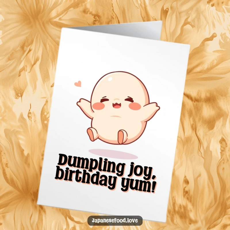 Funny Free Printable Birthday Card featuring a giggling dumpling with tiny legs joyfully kicking in the air, ready to celebrate.