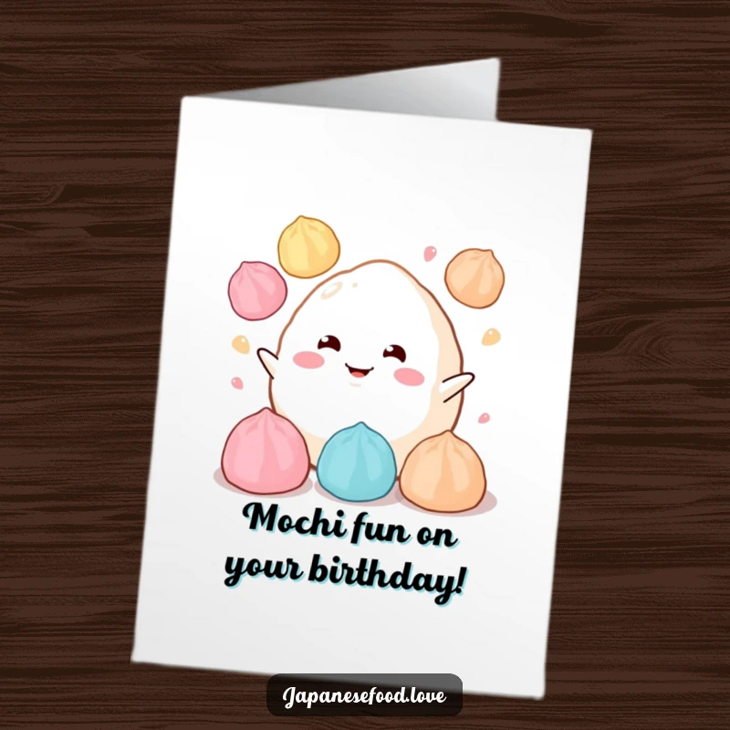 Funny Free Printable Birthday Card featuring a fluffy mochi with a cheerful grin juggling colorful dumplings, a delightful celebration.