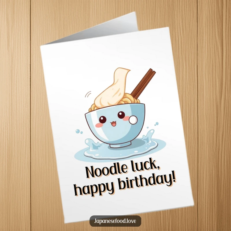 Funny Free Printable Birthday Card: A ramen bowl character gleefully splashes in a puddle on a birthday.