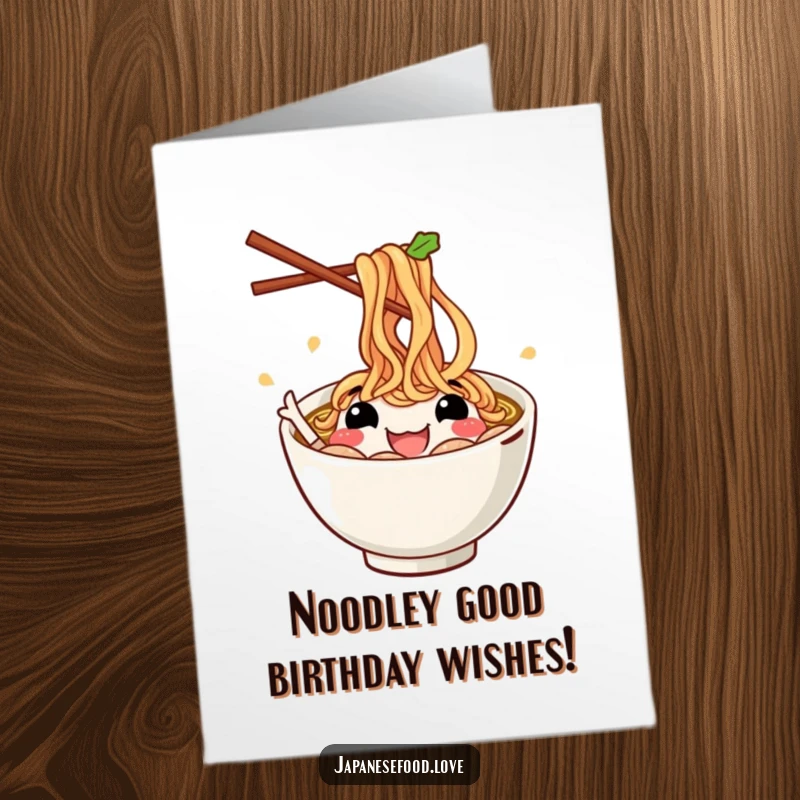 Funny Free Printable Birthday Card: Smiling ramen bowl joyfully gestures with chopsticks, ready to party. A downloadable delight.