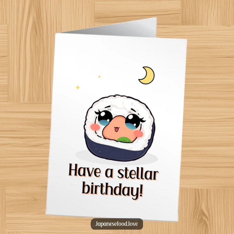 Funny free printable birthday card: a sushi roll with big, wondering eyes gazes up at a luminous moon.