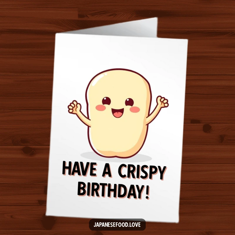 Funny Free Printable Tempura Birthday Card: Smiling tempura piece with tiny arms waving enthusiastically, celebrating a birthday with joy.