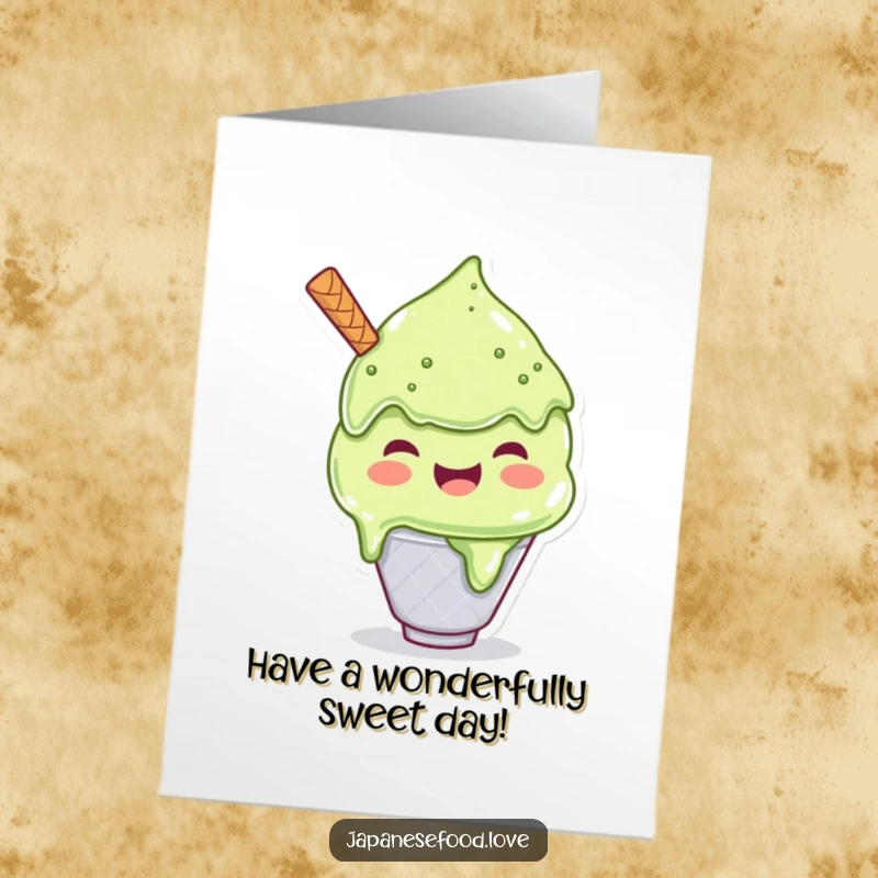Funny Free Printable Birthday Card: A joyful matcha ice cream character comically scooping an impossibly huge portion for itself with glee.