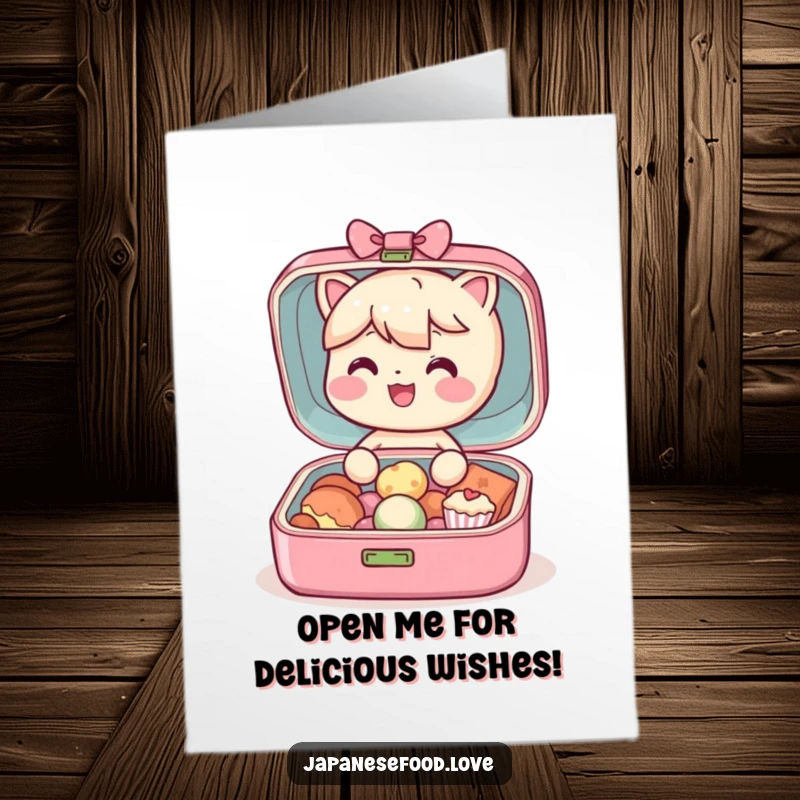 Funny Free Printable Bento Box Birthday Card: Happy character revealing delicious tiny treats inside, perfect for a foodie.