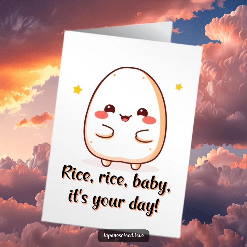 Funny Free Printable Birthday Card featuring a cheerful onigiri character offering a warm, comforting embrace.