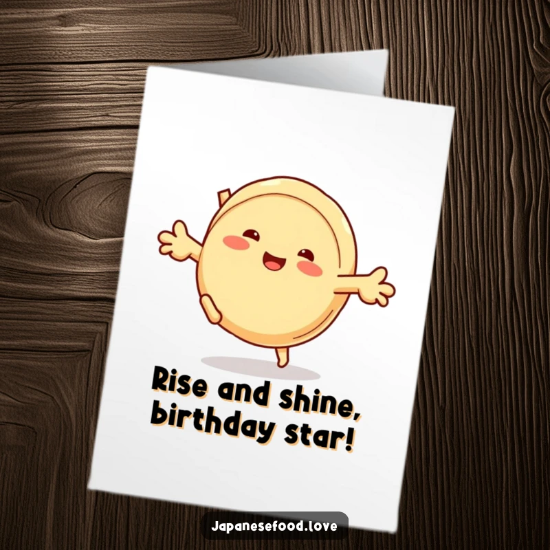 Funny Free Printable Birthday Card: A grinning steamed bun character doing a cartwheel with energetic doughy arms.