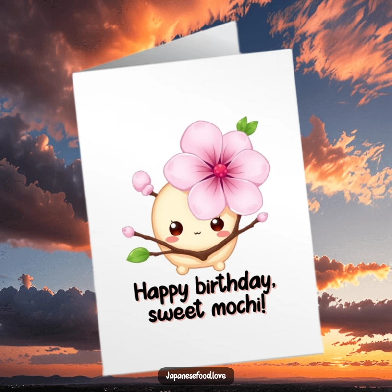 Funny Free Printable Birthday Card: A shy mochi with huge eyes peeks from behind a giant cherry blossom.