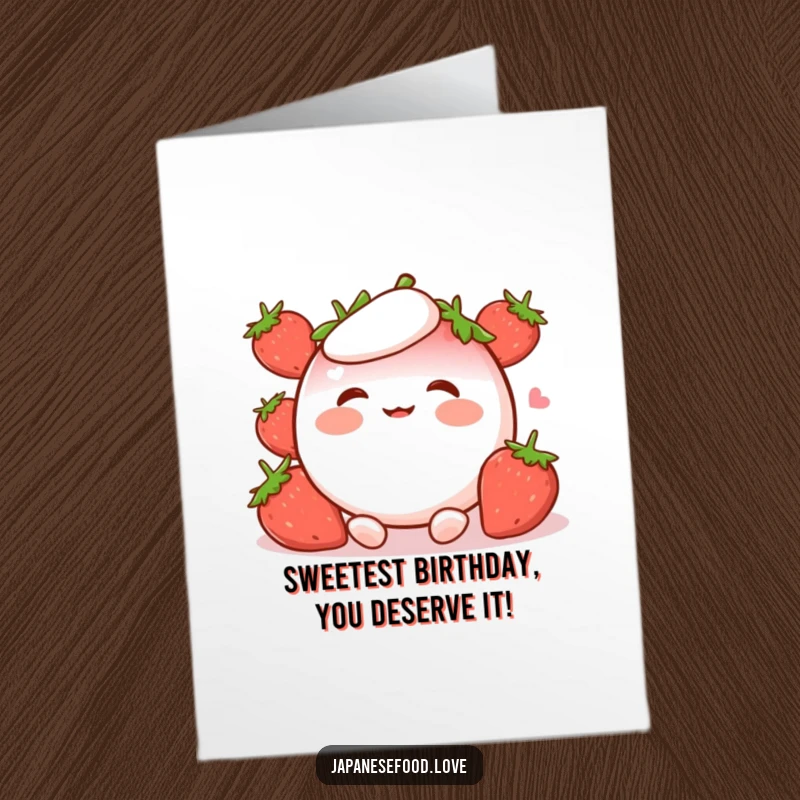 Funny Free Printable Birthday Card: Cute strawberry mochi with rosy cheeks giggling uncontrollably, spreading digital cheer.