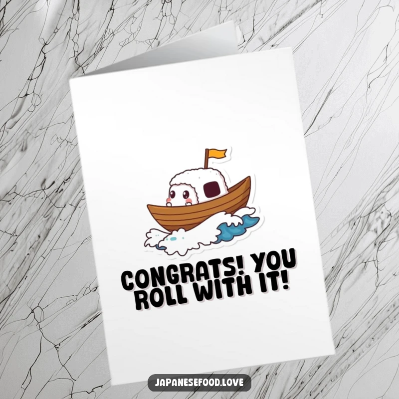 Funny Free Printable Congratulations Card showing a sushi boat character having a gleeful voyage on a tiny foamy wave, marking success.