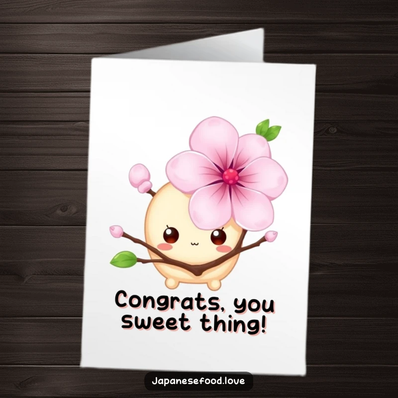 Funny Free Printable Congrats Card: A bashful mochi hides behind a blooming cherry blossom, sharing joy.