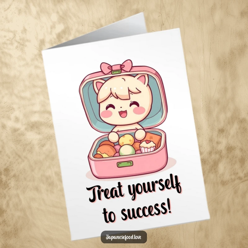 Funny Free Printable Bento Box Congratulations Card: Joyful character showing off tiny treats, perfect for celebrating achievements.
