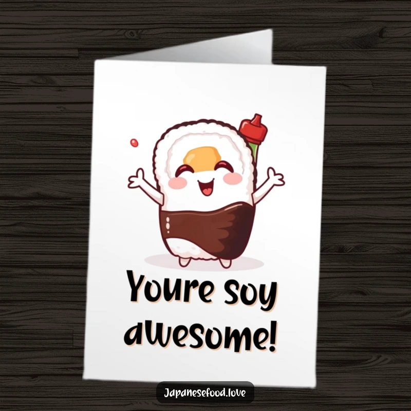 Funny Free Printable Congrats Card: Happy sushi roll with arms outstretched hugs a smiling soy sauce bottle, congrats!