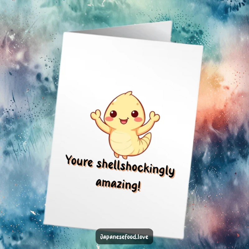 Funny Free Printable Congratulations Card featuring a happy tempura shrimp with tiny arms waving enthusiastically, celebrating a great achievement.