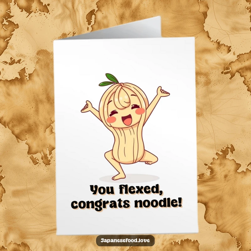 Funny Free Printable Congratulations Card: Wobbly ramen noodle character in a deep yoga stretch, conveying well wishes. Hilarious downloadable.