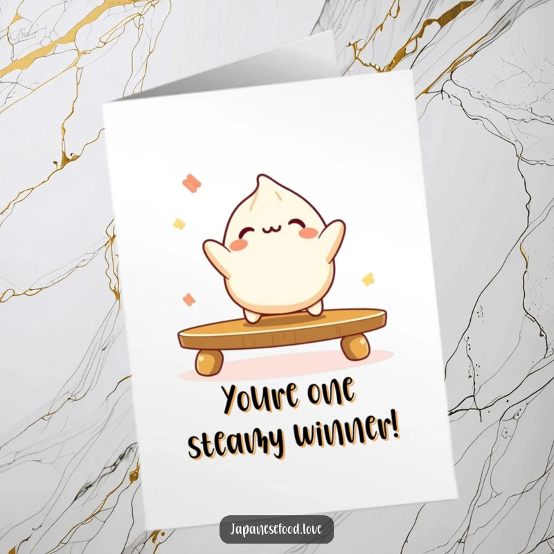 Funny Free Printable Congratulations Card: A playful dumpling character bounces on a table, celebrating your win. Unique download.