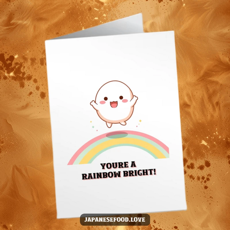 Funny Free Printable Mochi Congratulations Card, mochi character joyfully bouncing on a rainbow, a whimsical downloadable greeting.
