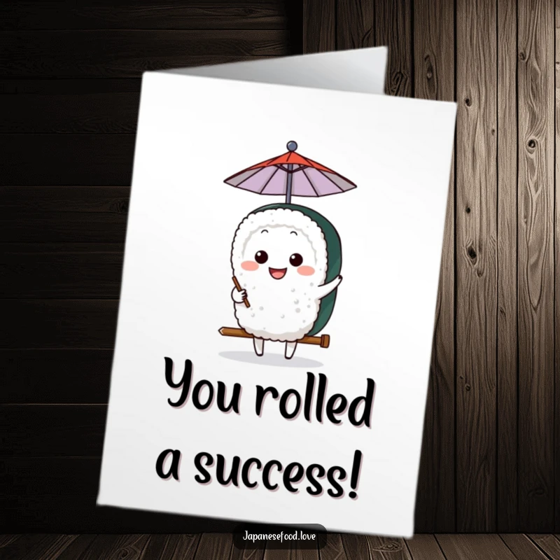 Funny Free Printable Sushi Congratulations Card: Cheerful sushi character with an umbrella, perfect for celebrating good news.