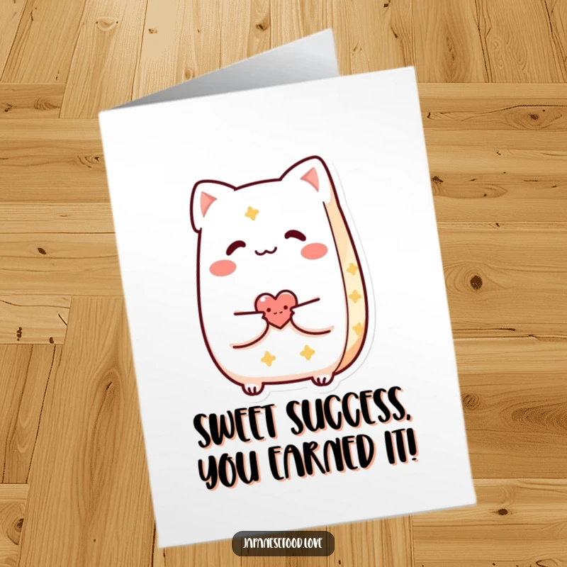 Funny Free Printable Taiyaki congratulations card, a smiling pastry sharing a heart, perfect for celebrating achievements.