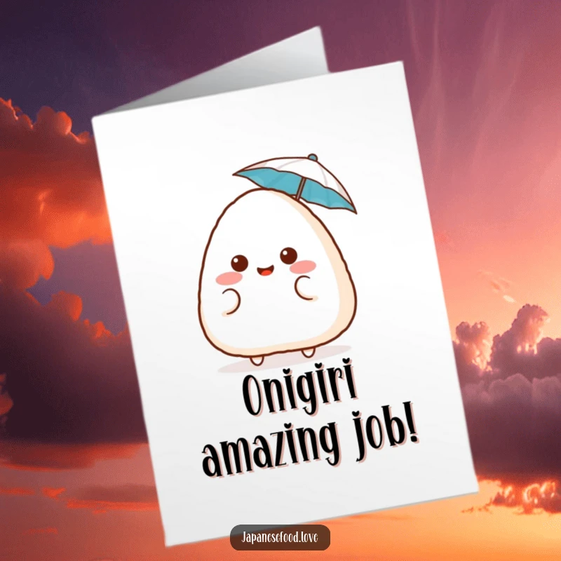 Funny Free Printable Congratulations Card: a surprised onigiri blushing and holding a tiny umbrella, celebrating a special moment.