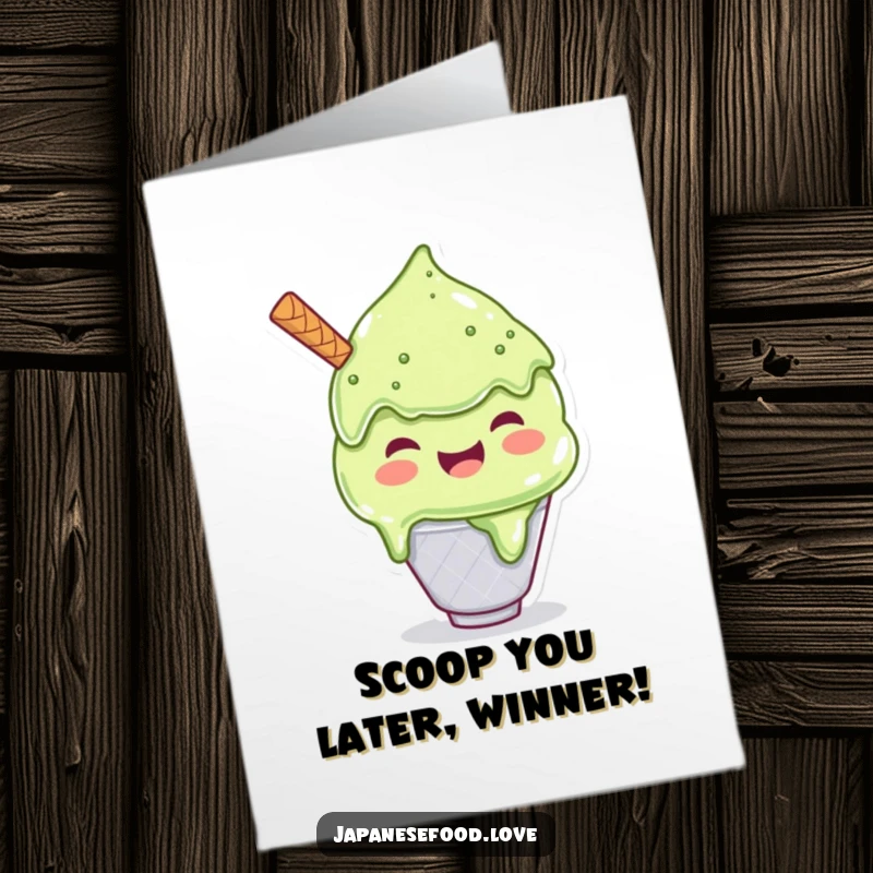 Funny Free Printable Congratulations Card: A joyful matcha ice cream character comically scooping an impossibly huge portion for itself with delight.