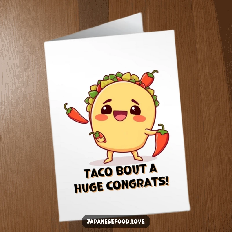 Funny Free Printable Congratulations Card showing a smiling taco struggling to juggle three spicy chili peppers, celebrating success.