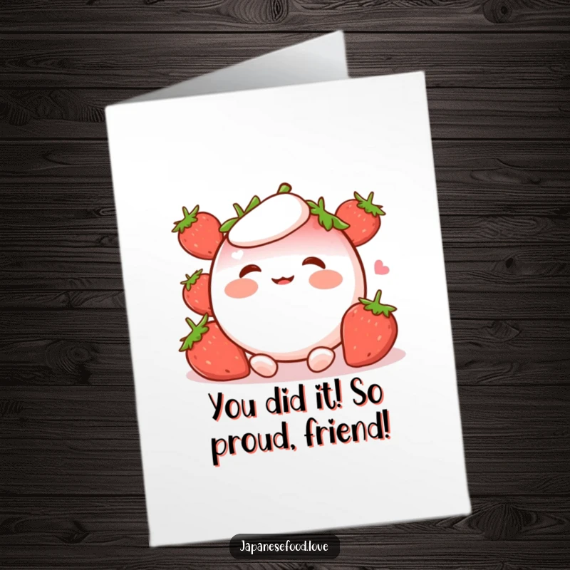 Funny Free Printable Congratulations Card: Adorable strawberry mochi character with rosy cheeks, captured mid-giggle, celebrating success.