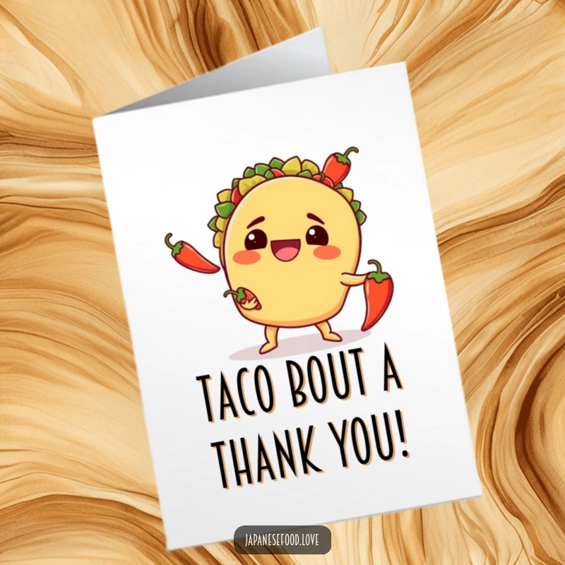 Funny Free Printable Thank You Card of a grinning taco attempting to juggle three chili peppers, full of comedic flair.