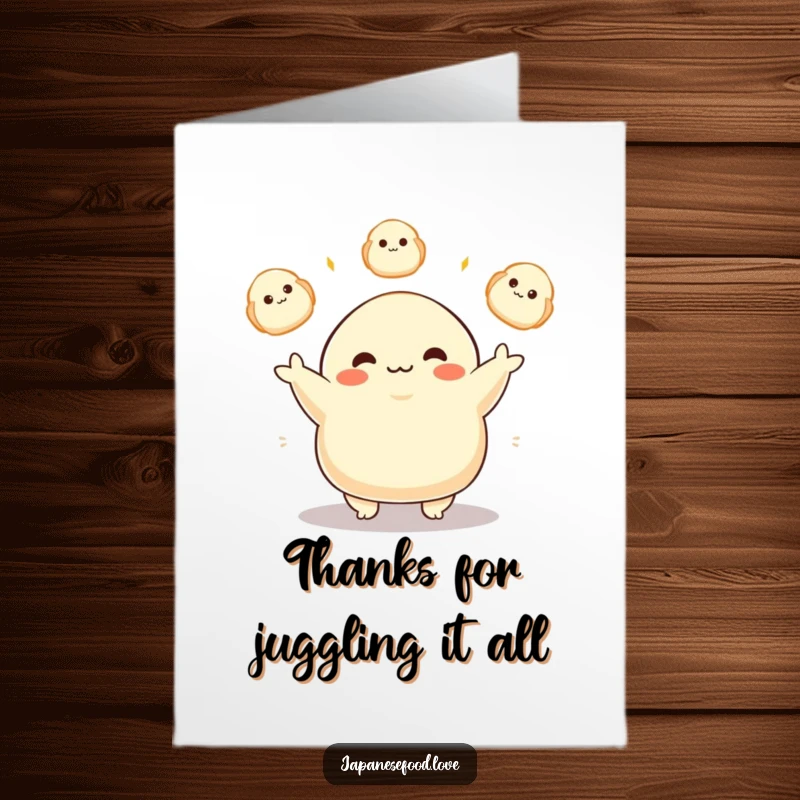Funny Free Printable Dumpling Thank You Card: Plump dumpling juggling glowing dumplings with delight to express thanks.