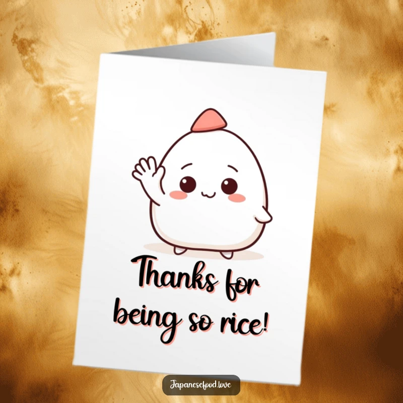 Funny Free Printable Thank You Card: Smiling onigiri with a hat waving enthusiastically to express thanks, printable and downloadable.