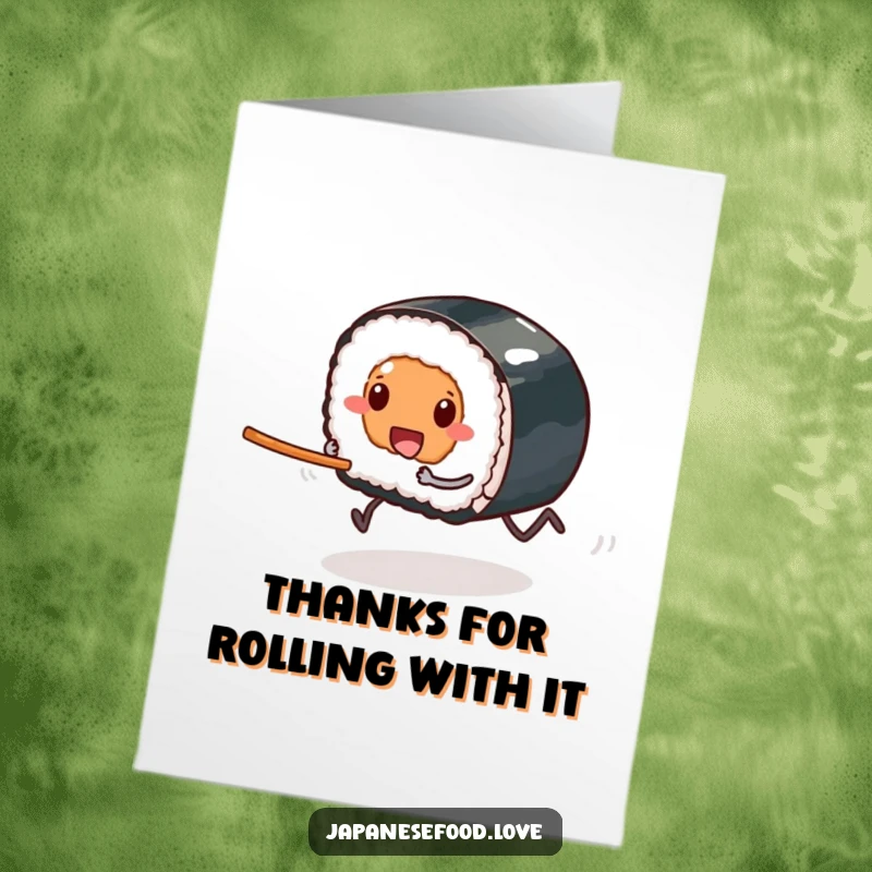 Funny Free Printable Sushi Thank You Card: Sushi character with legs running fast towards a chopstick to say thanks.