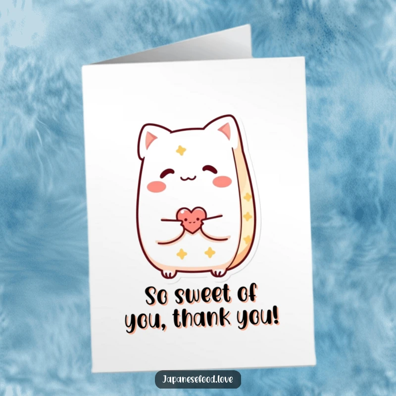 Funny Free Printable Taiyaki thank you card, a smiling pastry sharing its heart, ideal for expressing gratitude.