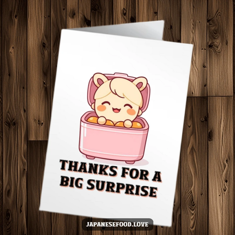 Funny Free Printable Thank You Card: A smiling bento box character popping out of its lid in surprise.