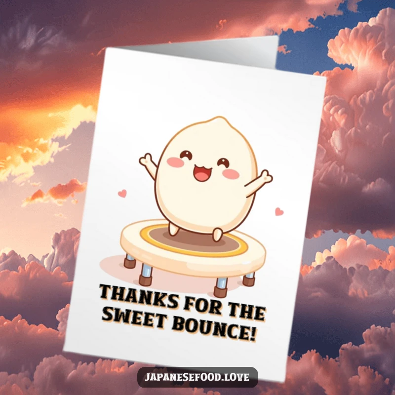Funny Free Printable Thank You Card: A smiling mochi gleefully bouncing on a trampoline constructed from mochi.