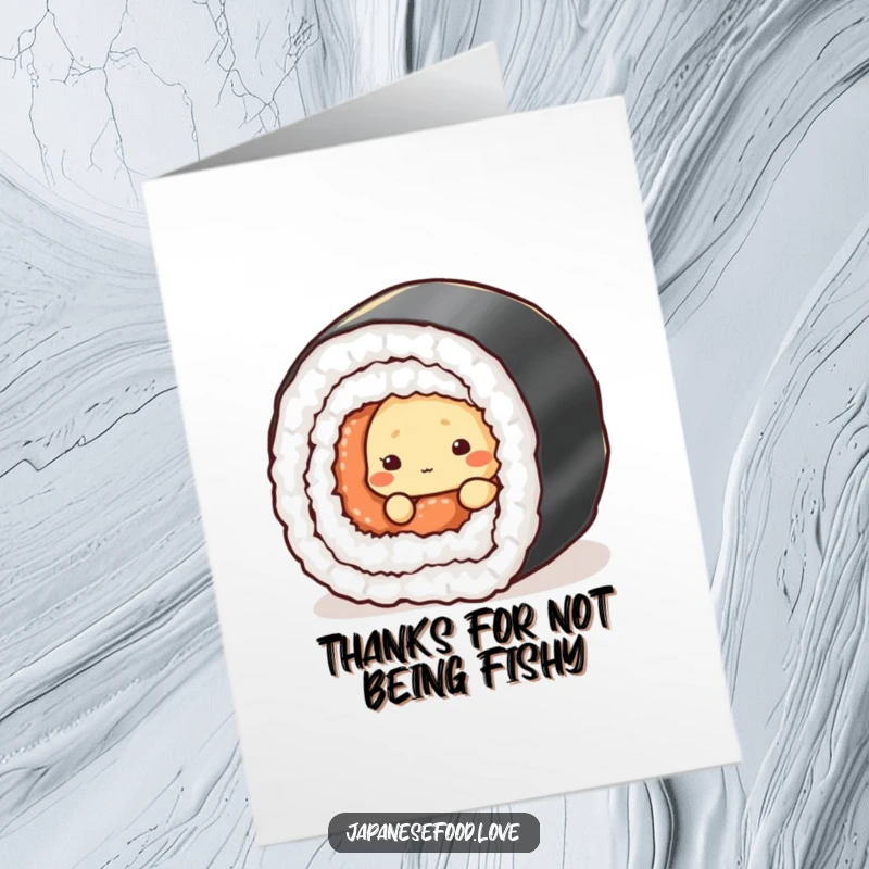 Funny Free Printable Thank You Card: Shy tempura character peeking from behind a sushi roll, conveying thanks with a shy grin.