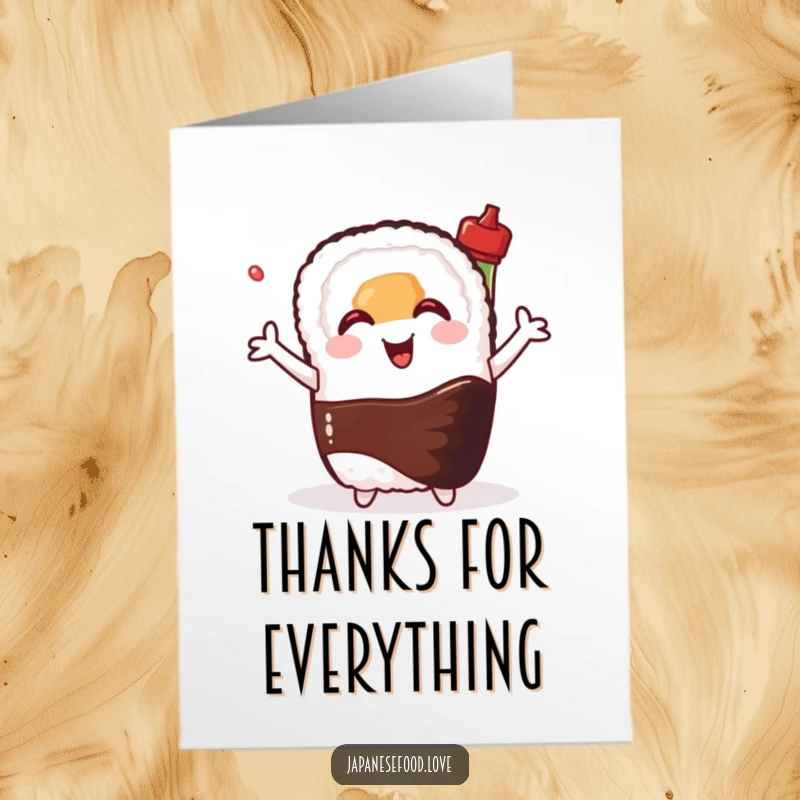Funny Free Printable Thank You Card: Happy sushi roll with arms outstretched hugs a smiling soy sauce bottle, thanks!