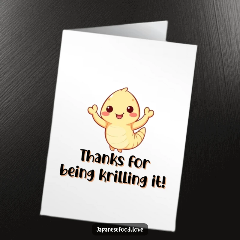 Funny Free Printable Thank You Card with a happy tempura shrimp with tiny arms waving enthusiastically, a cheerful thank you.