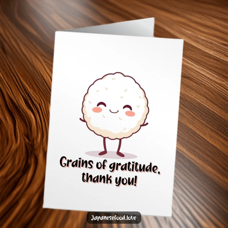 Funny Free Printable Thank You Card: A beaming rice ball character stands on tiptoe, expressing joy.