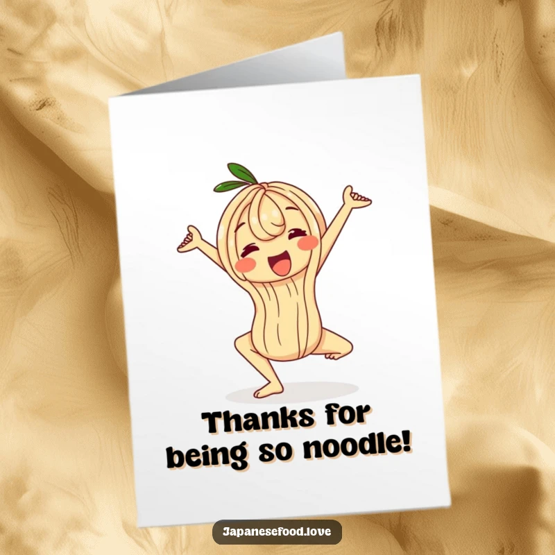 Funny Free Printable Thank You Card: A wobbly ramen noodle character performing a complex yoga pose with a playful expression. Downloadable humor.