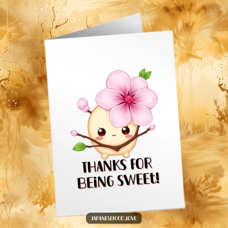 Funny Free Printable Thank You Card: A demure mochi peeks out, offering thanks from behind a flower.