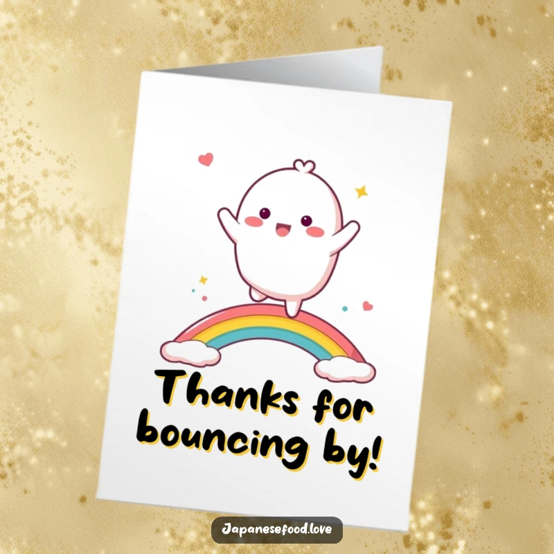 Funny Free Printable Thank You Card: A cheerful mochi character dancing on a rainbow, offering a delightful way to say thanks.