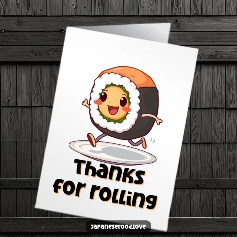 Funny Free Printable Thank You Card: Cheerful Sushi Roll Zips Across Plate, Sending Thanks with Speed.