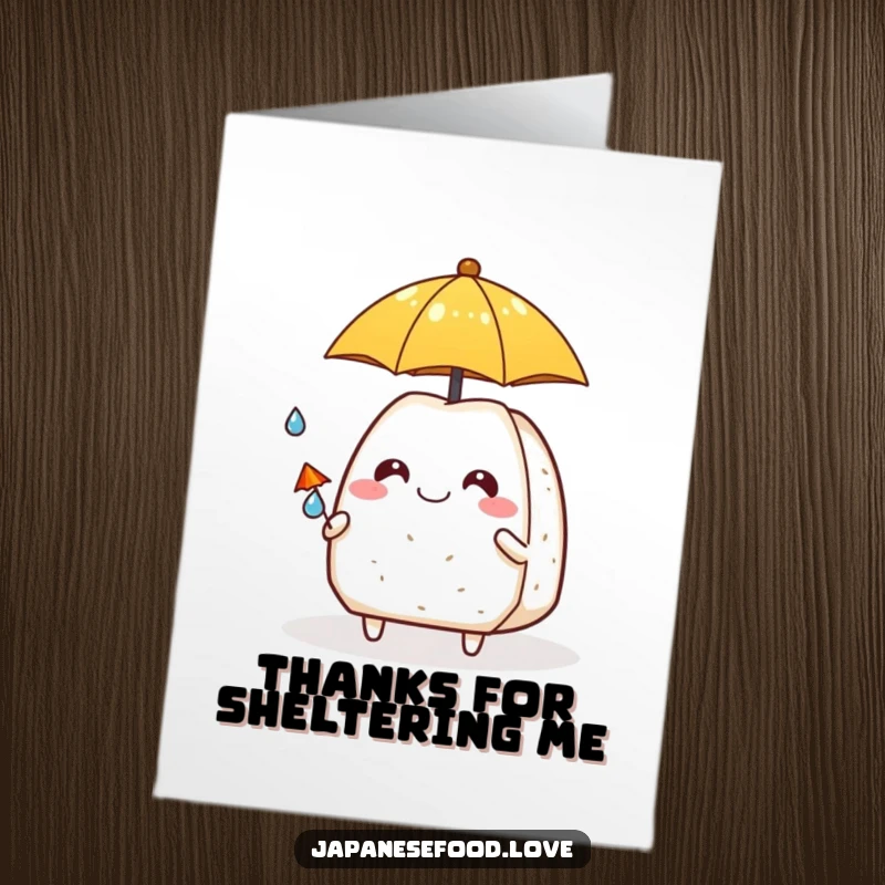 Funny Free Printable Thank You Card: Grinning onigiri with tiny umbrella sheltering a raindrop, a sweet and humorous DIY gift.