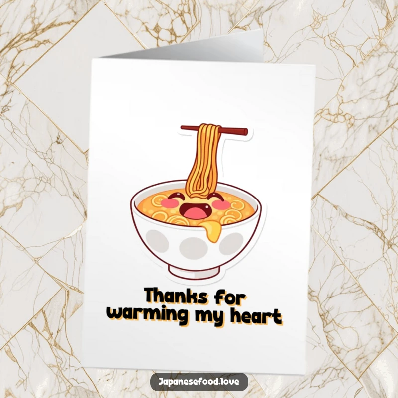Funny Free Printable Ramen Thank You Card: Joyful ramen bowl with a smiley face doing a happy bounce, sending thanks with a cheerful vibe.