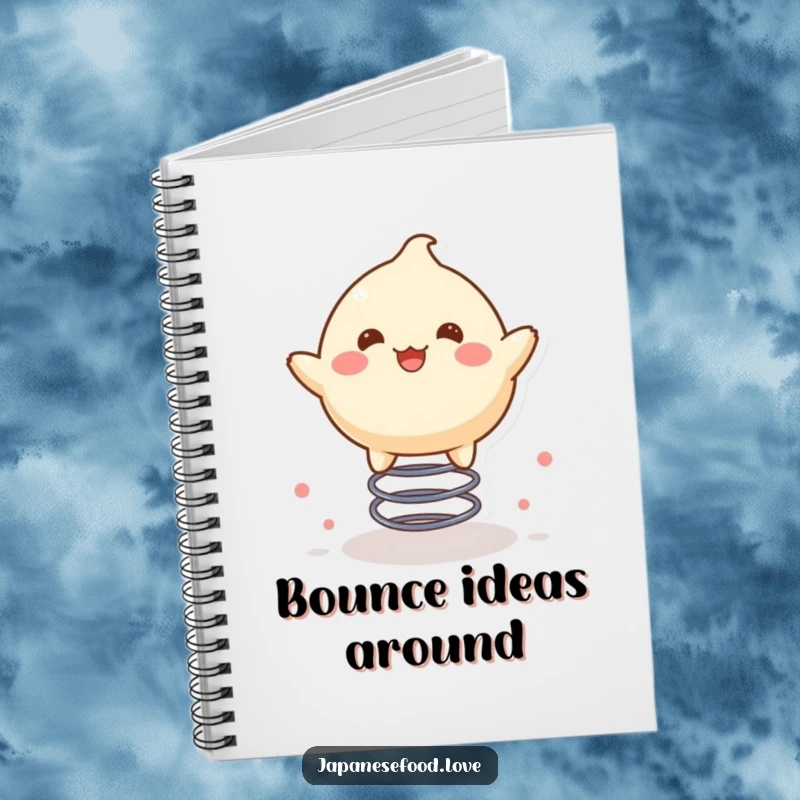 Funny notebook with a delighted mochi character joyfully bouncing on a spring, ideal for capturing cheerful notes.