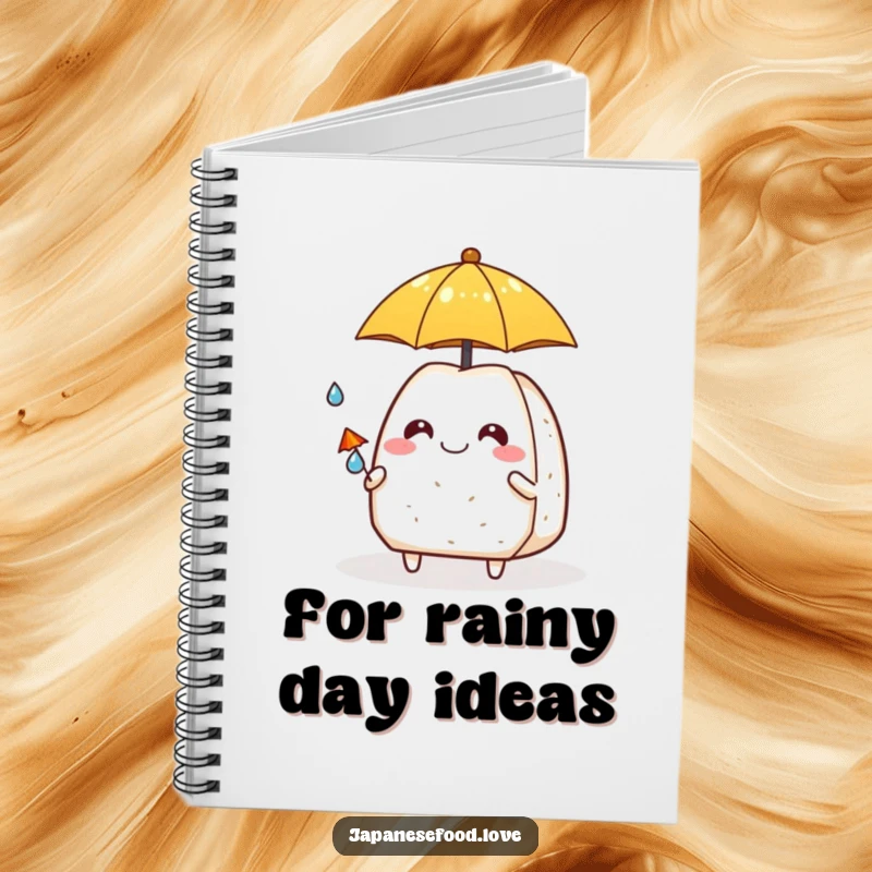 Funny onigiri offering a tiny umbrella to a raindrop, cute notebook cover for journaling and note-taking.